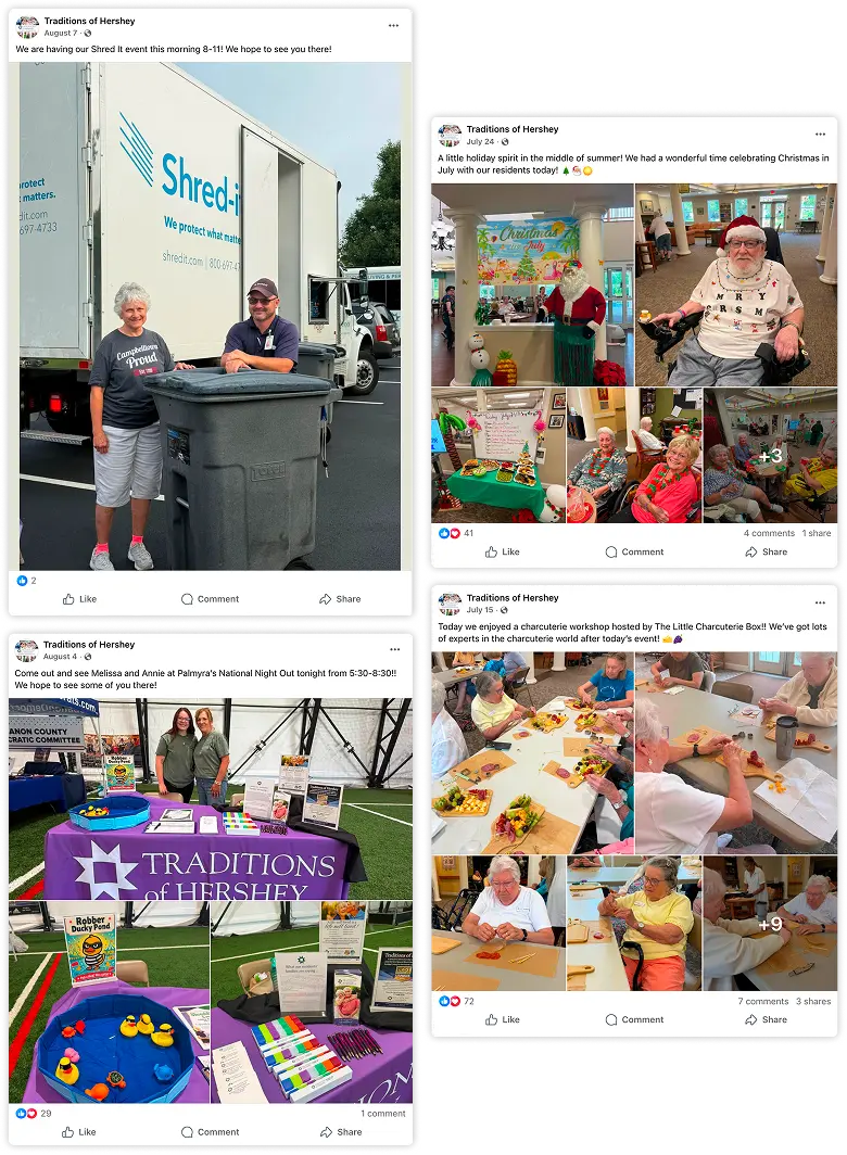 Traditions of Hershey Facebook posts showing resident activities and events