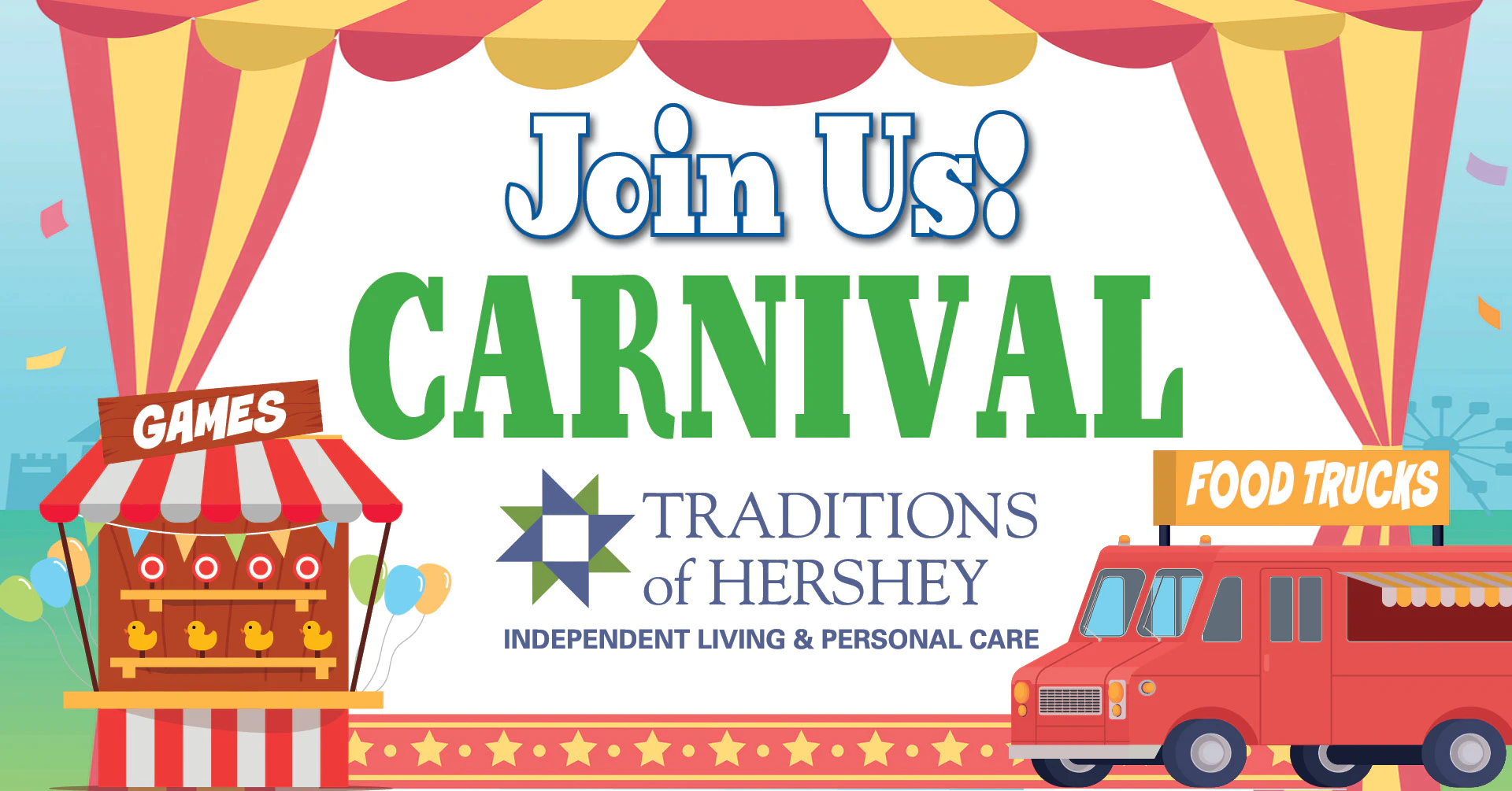 Join Us Carnival event banner with games and food trucks